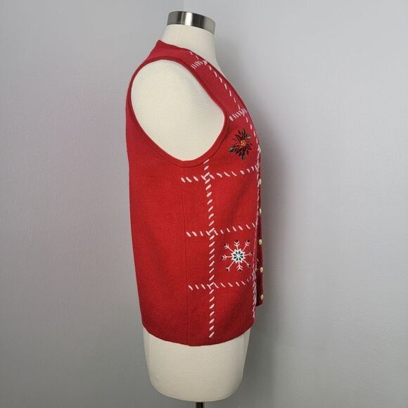 ☃️❄️ Red Holiday Embroidered Ugly Christmas Sweater Button Up Vest Size Medium - Picture 5 of 9